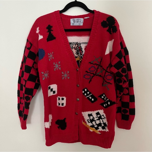 Vintage Signature by Northern Isles Game Queen of Hearts Cardigan Sweater XL - Picture 1 of 8